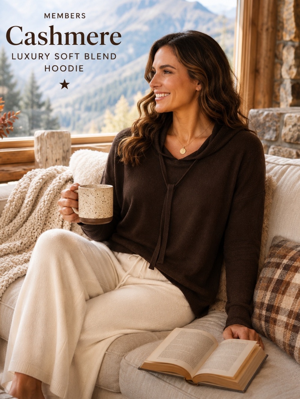Luxury Cashmere Blend Hoodie Chocolate Brown Soft Knit Pullover Cozy Size Small